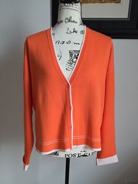 ME+EM Orange V-Neck Button Cardigan with White Trim